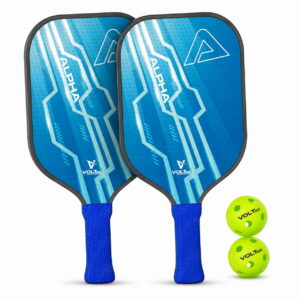 Volt Pro Alpha Pickleball Paddle Set includes 2 wooden paddles and 2 pickleballs, designed with anti-skid and anti-sweat features for comfortable handling. A beginner-friendly set for indoor and outdoor pickleball play.
