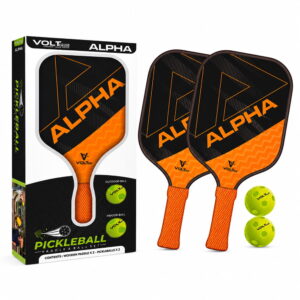 Volt Pro Alpha Pickleball Paddle Set includes 2 wooden paddles and 2 pickleballs, designed with anti-skid and anti-sweat features for comfortable handling. A beginner-friendly set for indoor and outdoor pickleball play.