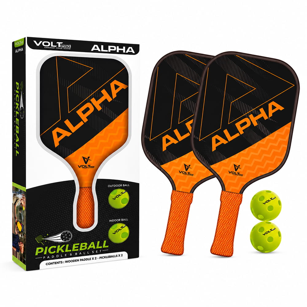 Volt Pro Alpha Pickleball Paddle Set includes 2 wooden paddles and 2 pickleballs, designed with anti-skid and anti-sweat features for comfortable handling. A beginner-friendly set for indoor and outdoor pickleball play.