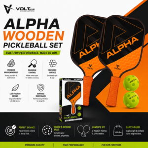 Volt Pro Alpha Pickleball Paddle Set includes 2 wooden paddles and 2 pickleballs, designed with anti-skid and anti-sweat features for comfortable handling. A beginner-friendly set for indoor and outdoor pickleball play.