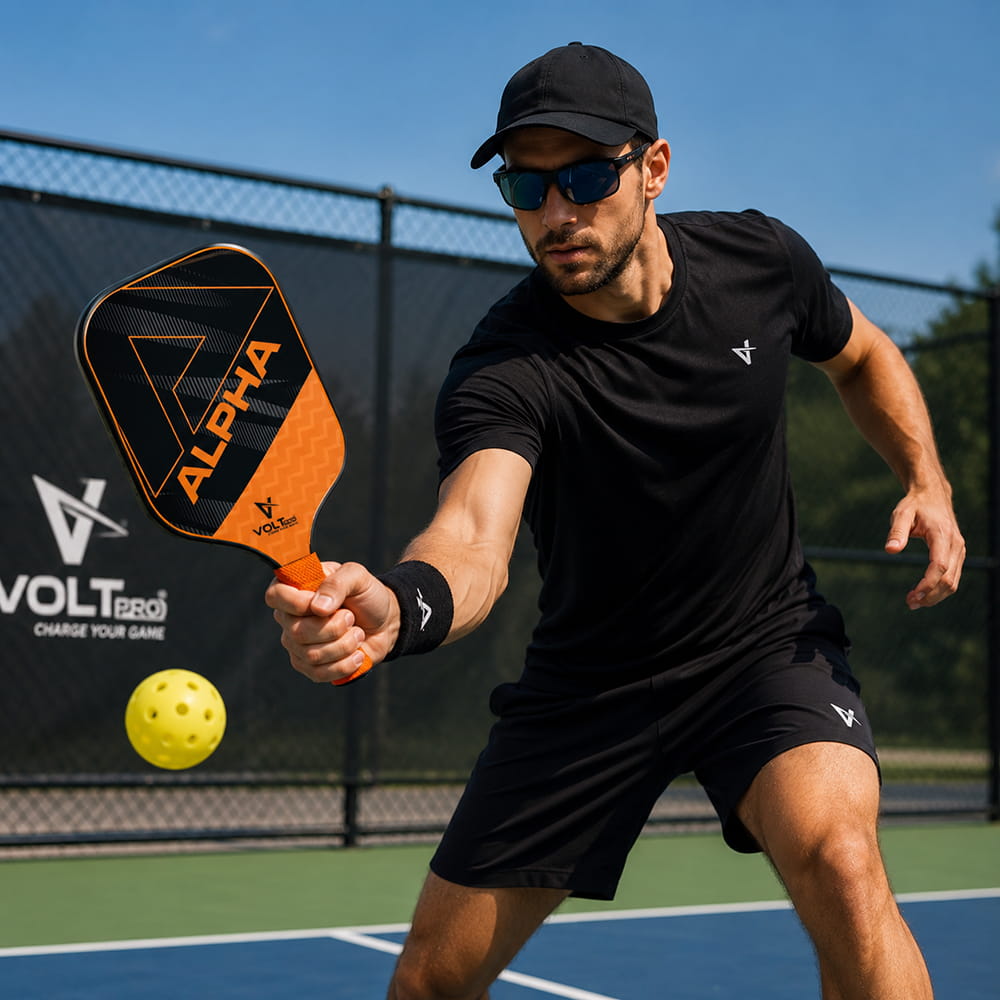 Volt Pro Alpha Pickleball Paddle Set includes 2 wooden paddles and 2 pickleballs, designed with anti-skid and anti-sweat features for comfortable handling. A beginner-friendly set for indoor and outdoor pickleball play.