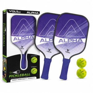 Volt Pro Alpha Pickleball Paddle Set includes 2 wooden paddles and 2 pickleballs, designed with anti-skid and anti-sweat features for comfortable handling. A beginner-friendly set for indoor and outdoor pickleball play.