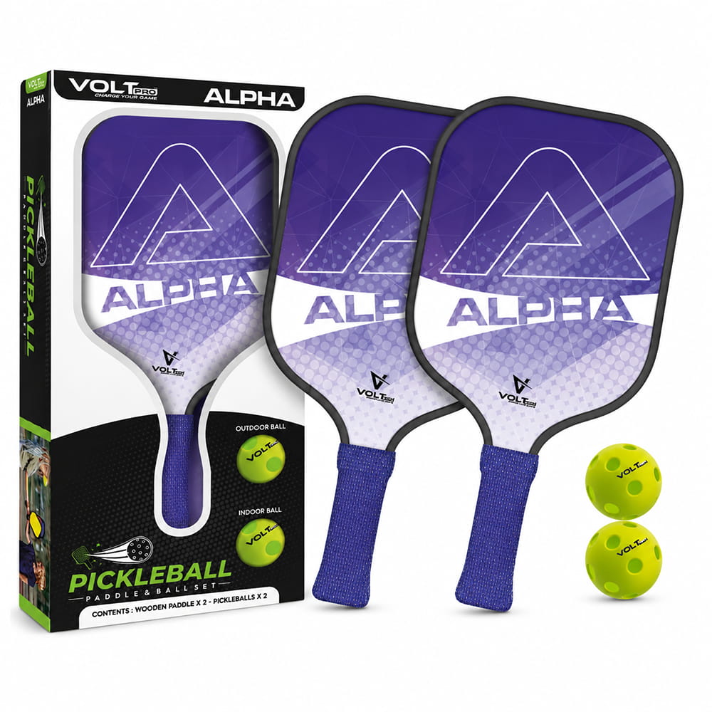 Volt Pro Alpha Pickleball Paddle Set includes 2 wooden paddles and 2 pickleballs, designed with anti-skid and anti-sweat features for comfortable handling. A beginner-friendly set for indoor and outdoor pickleball play.
