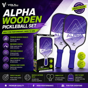 Volt Pro Alpha Pickleball Paddle Set includes 2 wooden paddles and 2 pickleballs, designed with anti-skid and anti-sweat features for comfortable handling. A beginner-friendly set for indoor and outdoor pickleball play.