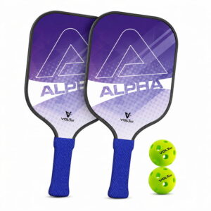 Volt Pro Alpha Pickleball Paddle Set includes 2 wooden paddles and 2 pickleballs, designed with anti-skid and anti-sweat features for comfortable handling. A beginner-friendly set for indoor and outdoor pickleball play.