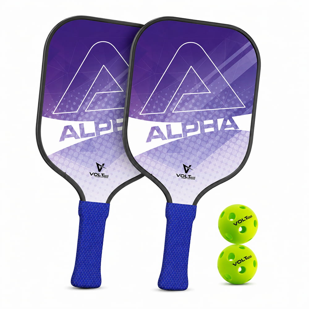 Volt Pro Alpha Pickleball Paddle Set includes 2 wooden paddles and 2 pickleballs, designed with anti-skid and anti-sweat features for comfortable handling. A beginner-friendly set for indoor and outdoor pickleball play.