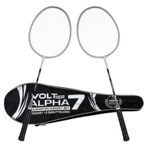 The Volt Pro Alpha Silver Badminton Racket Set includes 2 lightweight badminton rackets and a durable carry bag. Designed for beginners and recreational players, it is perfect for training, practice, and indoor or outdoor badminton games.