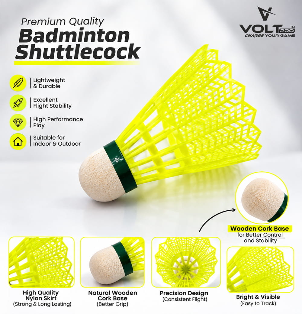 Volt Pro 350 Badminton Shuttlecock is a tournament-grade nylon shuttlecock featuring a durable nylon skirt and wooden compressed cork base. Its medium-speed design provides stable and accurate flight, making it suitable for training, practice, and match play.