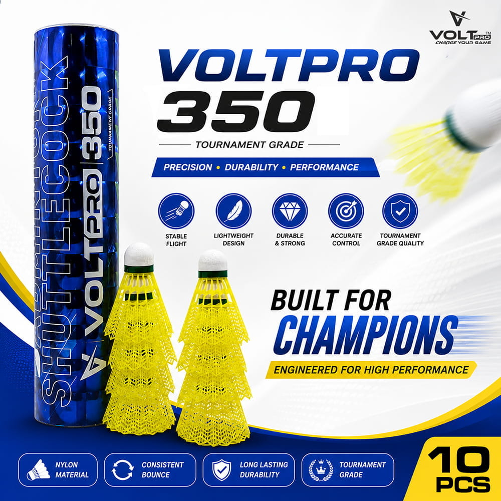Volt Pro 350 Badminton Shuttlecock is a tournament-grade nylon shuttlecock featuring a durable nylon skirt and wooden compressed cork base. Its medium-speed design provides stable and accurate flight, making it suitable for training, practice, and match play.