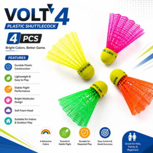 Volt Pro Coloured Plastic Shuttlecocks feature a durable nylon skirt and EVA cork base for stable flight and easy tracking. The pack includes 4 shuttlecocks in different colours, ideal for practice, training, and regular badminton play.