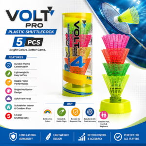 Volt Pro Coloured Plastic Shuttlecocks feature a durable nylon skirt and EVA cork base for stable flight and easy tracking. The pack includes 4 shuttlecocks in different colours, ideal for practice, training, and regular badminton play.