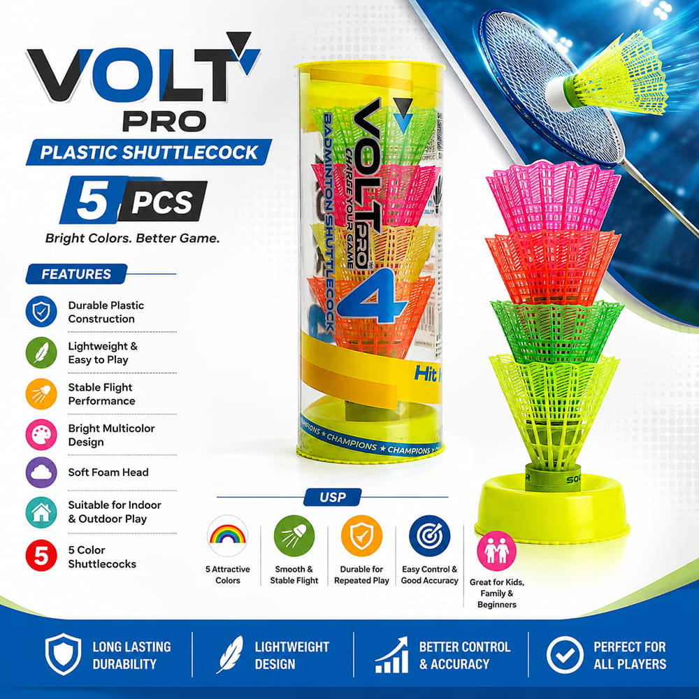 Volt Pro Coloured Plastic Shuttlecocks feature a durable nylon skirt and EVA cork base for stable flight and easy tracking. The pack includes 4 shuttlecocks in different colours, ideal for practice, training, and regular badminton play.