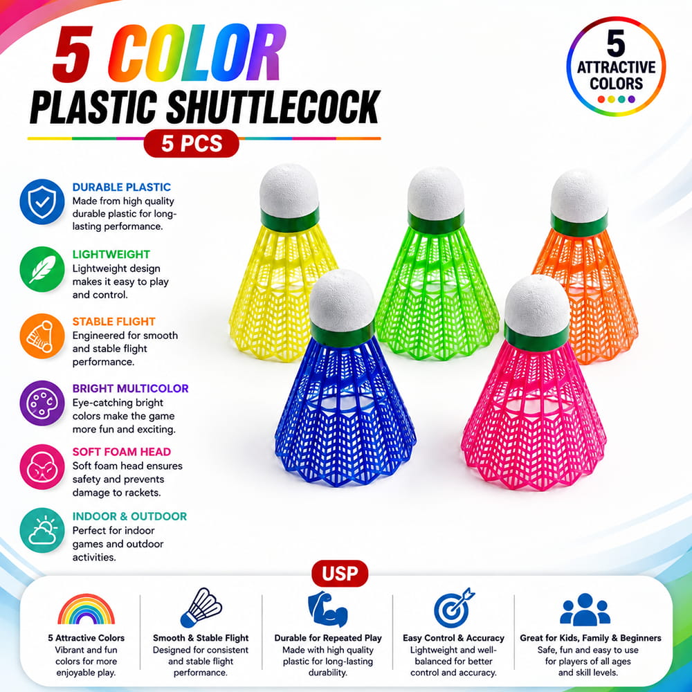 Volt Pro Colourful Plastic Shuttlecocks are designed for regular badminton practice, training, and recreational play. Their durable plastic construction provides reliable handling and stable flight for beginners and everyday players.