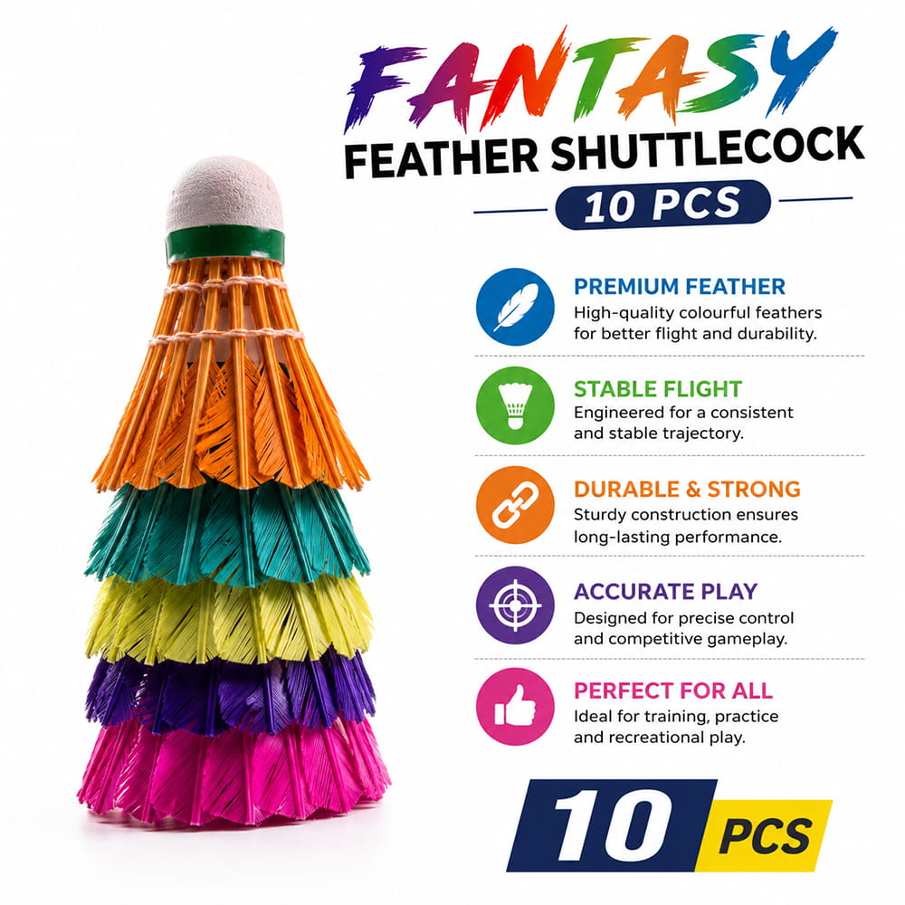 Volt Pro Fantasy Designer Feather Shuttlecocks feature a colourful design with a practice-grade build for regular badminton training. Suitable for beginners, skill development, and everyday recreational play. Volt Pro Fantasy Designer Feather Shuttlecocks feature a colourful design with a practice-grade build for regular badminton training. Suitable for beginners, skill development, and everyday recreational play.