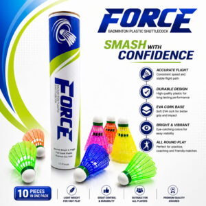 Volt Pro Force Colourful Plastic Badminton Shuttlecock Pack of 10 is designed for stable flight, durability, and reliable performance. Featuring a premium EVA and neon cork base with a durable plastic skirt, these multicolor shuttlecocks are ideal for practice, training, and outdoor badminton play. Volt Pro Force Colourful Plastic Badminton Shuttlecock Pack of 10 is designed for stable flight, durability, and reliable performance. Featuring a premium EVA and neon cork base with a durable plastic skirt, these multicolor shuttlecocks are ideal for practice, training, and outdoor badminton play.
