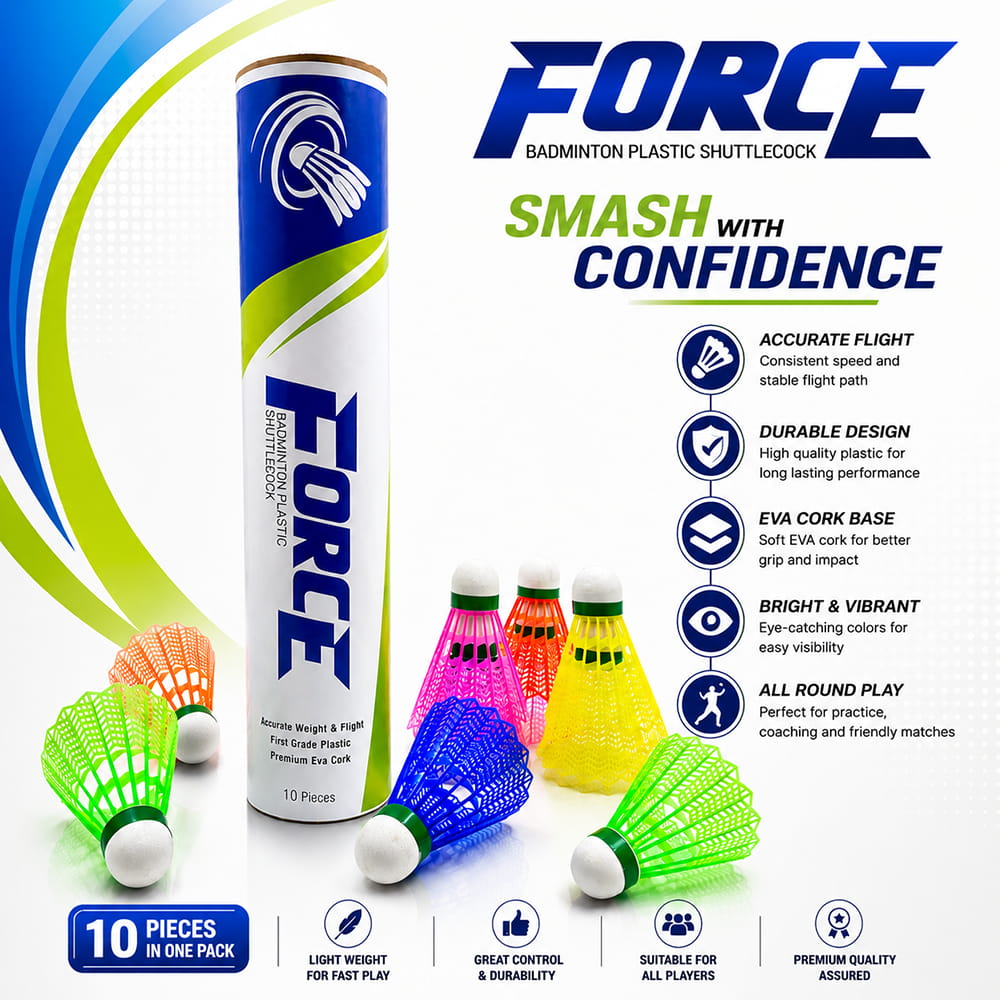 Volt Pro Force Colourful Plastic Badminton Shuttlecock Pack of 10 is designed for stable flight, durability, and reliable performance. Featuring a premium EVA and neon cork base with a durable plastic skirt, these multicolor shuttlecocks are ideal for practice, training, and outdoor badminton play. Volt Pro Force Colourful Plastic Badminton Shuttlecock Pack of 10 is designed for stable flight, durability, and reliable performance. Featuring a premium EVA and neon cork base with a durable plastic skirt, these multicolor shuttlecocks are ideal for practice, training, and outdoor badminton play.