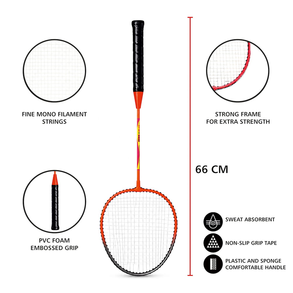 Volt Pro Hitz Badminton Racket Set includes 2 lightweight iron-frame rackets, 2 plastic shuttlecocks, and a carry bag. A practical choice for beginners and casual players for indoor and outdoor badminton. Volt Pro Hitz Badminton Racket Set includes 2 lightweight iron-frame rackets, 2 plastic shuttlecocks, and a carry bag. A practical choice for beginners and casual players for indoor and outdoor badminton.