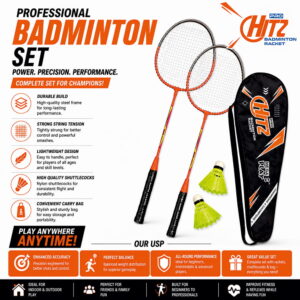 Volt Pro Hitz Badminton Racket Set includes 2 lightweight iron-frame rackets, 2 plastic shuttlecocks, and a carry bag. A practical choice for beginners and casual players for indoor and outdoor badminton. Volt Pro Hitz Badminton Racket Set includes 2 lightweight iron-frame rackets, 2 plastic shuttlecocks, and a carry bag. A practical choice for beginners and casual players for indoor and outdoor badminton.