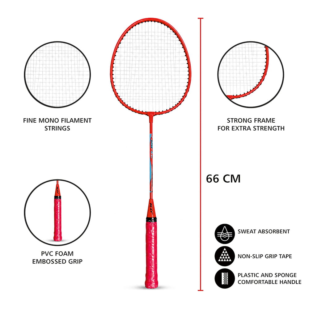Volt Pro Maxx Badminton Racket Set includes 2 lightweight rackets, 3 plastic shuttlecocks, and a carry bag. Designed for convenient everyday play, it is suitable for kids, beginners, and adults for indoor and outdoor badminton. Volt Pro Maxx Badminton Racket Set includes 2 lightweight rackets, 3 plastic shuttlecocks, and a carry bag. Designed for convenient everyday play, it is suitable for kids, beginners, and adults for indoor and outdoor badminton.