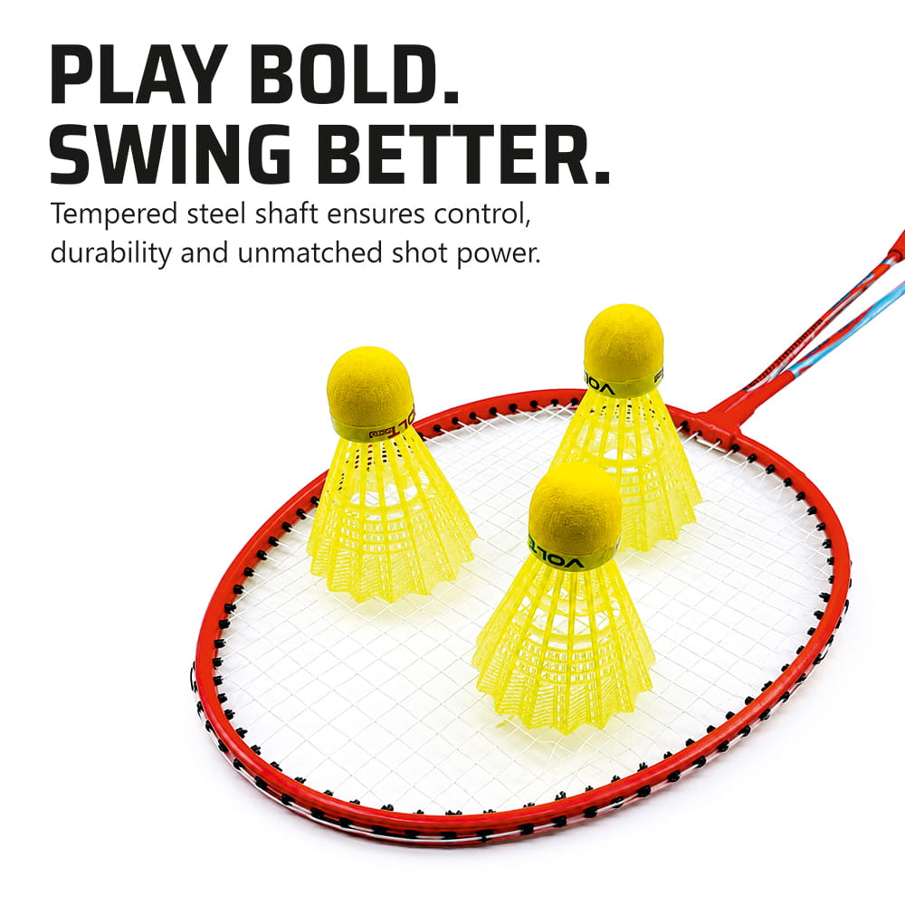 Volt Pro Maxx Badminton Racket Set includes 2 lightweight rackets, 3 plastic shuttlecocks, and a carry bag. Designed for convenient everyday play, it is suitable for kids, beginners, and adults for indoor and outdoor badminton. Volt Pro Maxx Badminton Racket Set includes 2 lightweight rackets, 3 plastic shuttlecocks, and a carry bag. Designed for convenient everyday play, it is suitable for kids, beginners, and adults for indoor and outdoor badminton.