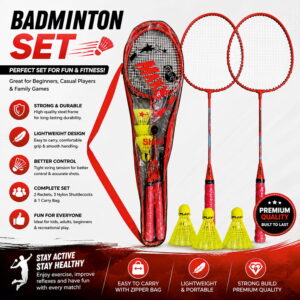 Volt Pro Maxx Badminton Racket Set includes 2 lightweight rackets, 3 plastic shuttlecocks, and a carry bag. Designed for convenient everyday play, it is suitable for kids, beginners, and adults for indoor and outdoor badminton. Volt Pro Maxx Badminton Racket Set includes 2 lightweight rackets, 3 plastic shuttlecocks, and a carry bag. Designed for convenient everyday play, it is suitable for kids, beginners, and adults for indoor and outdoor badminton.
