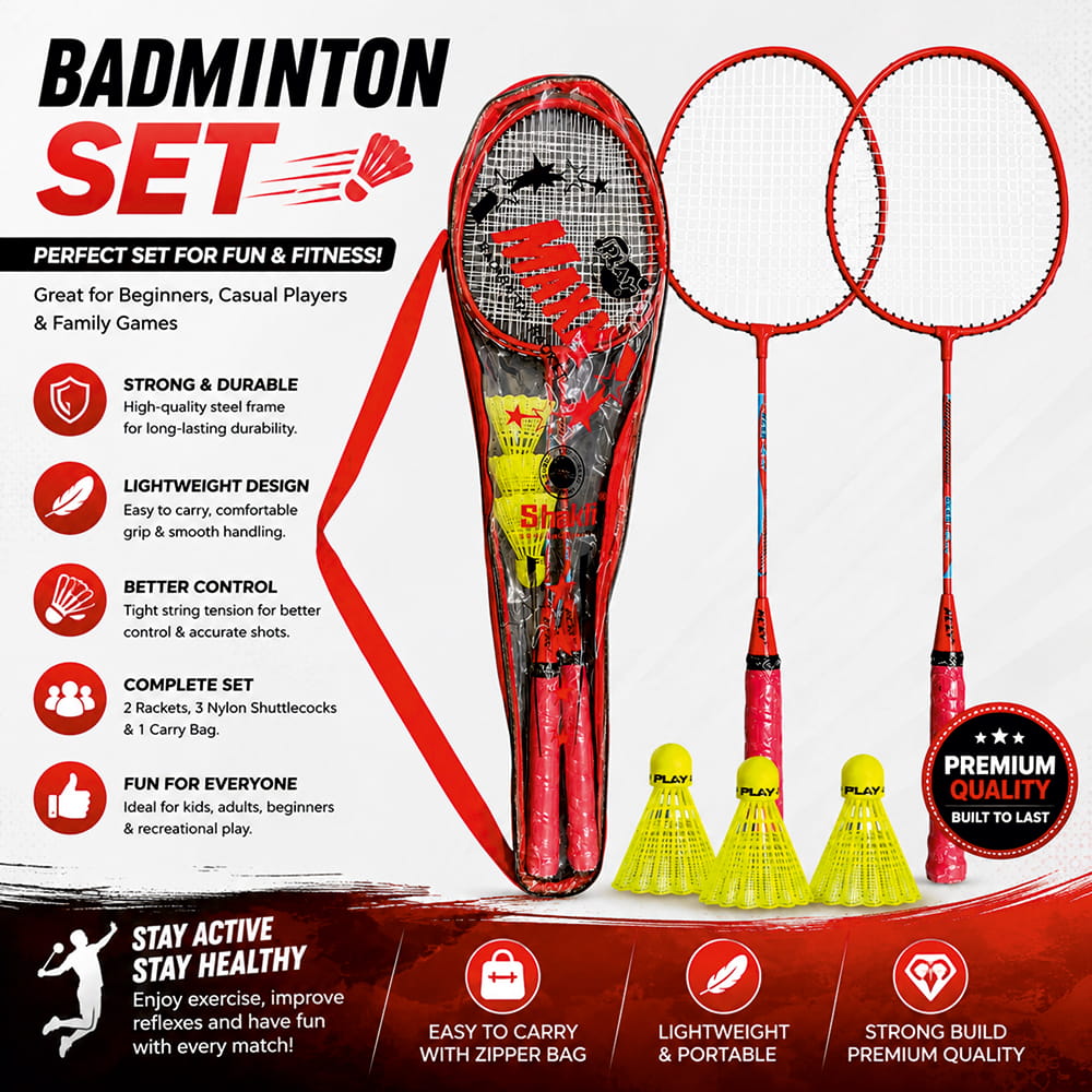Volt Pro Maxx Badminton Racket Set includes 2 lightweight rackets, 3 plastic shuttlecocks, and a carry bag. Designed for convenient everyday play, it is suitable for kids, beginners, and adults for indoor and outdoor badminton. Volt Pro Maxx Badminton Racket Set includes 2 lightweight rackets, 3 plastic shuttlecocks, and a carry bag. Designed for convenient everyday play, it is suitable for kids, beginners, and adults for indoor and outdoor badminton.