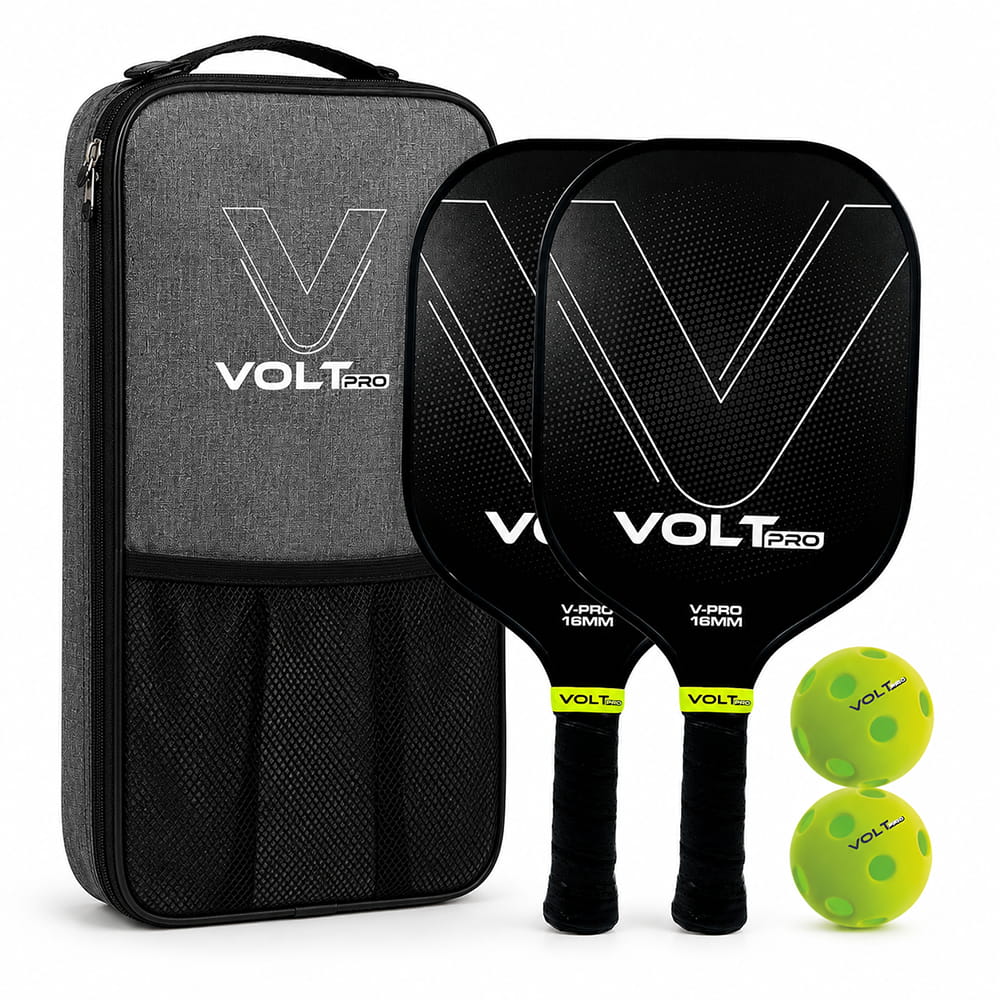 Volt Pro Pickleball Paddle Set includes 2 carbon fiber paddles, 2 pickleball balls, and 1 cover bag. With a 16mm polymer core and gritty spin surface, the paddles offer a balanced combination of control, spin, and comfortable handling for indoor and outdoor play.
