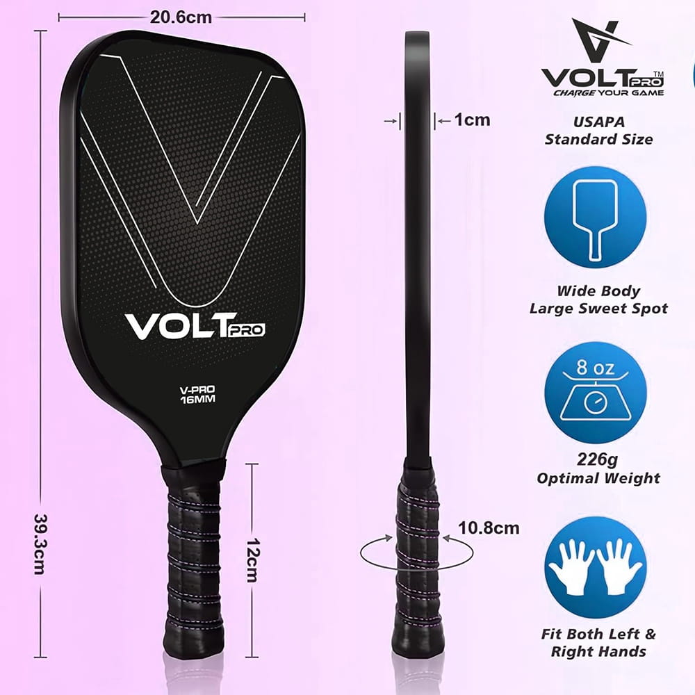 Volt Pro Pickleball Paddle Set includes 2 carbon fiber paddles, 2 pickleball balls, and 1 cover bag. With a 16mm polymer core and gritty spin surface, the paddles offer a balanced combination of control, spin, and comfortable handling for indoor and outdoor play.
