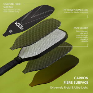 Volt Pro Pickleball Paddle Set includes 2 carbon fiber paddles, 2 pickleball balls, and 1 cover bag. With a 16mm polymer core and gritty spin surface, the paddles offer a balanced combination of control, spin, and comfortable handling for indoor and outdoor play.