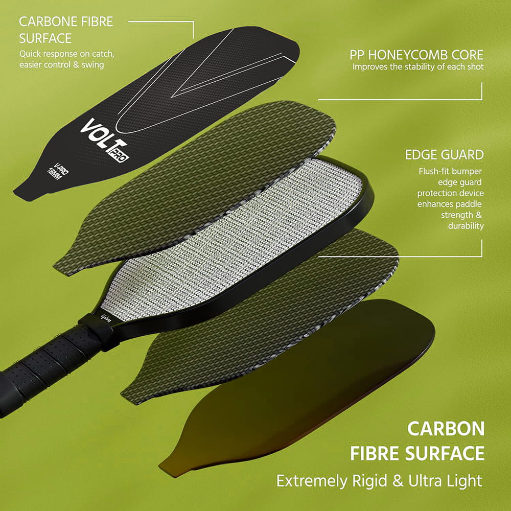 Volt Pro Pickleball Paddle Set includes 2 carbon fiber paddles, 2 pickleball balls, and 1 cover bag. With a 16mm polymer core and gritty spin surface, the paddles offer a balanced combination of control, spin, and comfortable handling for indoor and outdoor play.