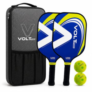 Volt Pro Pickleball Paddle Set includes 2 carbon fiber paddles, 2 pickleball balls, and 1 cover bag. With a 16mm polymer core and gritty spin surface, the paddles offer a balanced combination of control, spin, and comfortable handling for indoor and outdoor play.