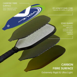 Volt Pro Pickleball Paddle Set includes 2 carbon fiber paddles, 2 pickleball balls, and 1 cover bag. With a 16mm polymer core and gritty spin surface, the paddles offer a balanced combination of control, spin, and comfortable handling for indoor and outdoor play.