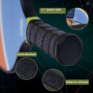 Volt Pro Pickleball Paddle Set includes 2 carbon fiber paddles, 2 pickleball balls, and 1 cover bag. With a 16mm polymer core and gritty spin surface, the paddles offer a balanced combination of control, spin, and comfortable handling for indoor and outdoor play.