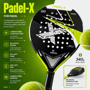Volt Pro T-300 Carbon Fiber Padel is designed to deliver a balanced combination of power, control, and precision. With a durable carbon fiber surface and comfortable design, it is suitable for beginners and recreational players.