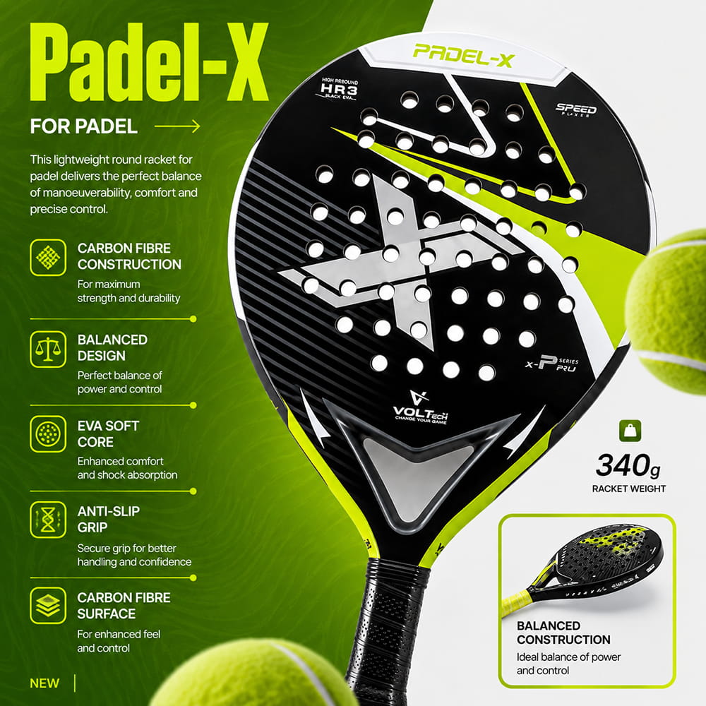 Volt Pro T-300 Carbon Fiber Padel is designed to deliver a balanced combination of power, control, and precision. With a durable carbon fiber surface and comfortable design, it is suitable for beginners and recreational players.