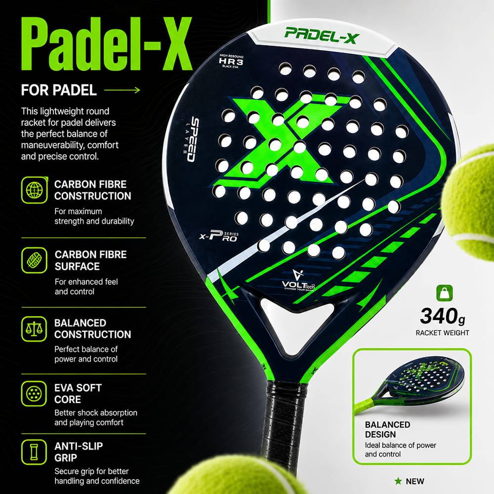 Volt Pro T-300 Carbon Fiber Padel is designed to deliver a balanced combination of power, control, and precision. With a durable carbon fiber surface and comfortable design, it is suitable for beginners and recreational players. Volt Pro T-300 Carbon Fiber Padel is designed to deliver a balanced combination of power, control, and precision. With a durable carbon fiber surface and comfortable design, it is suitable for beginners and recreational players.