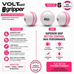 Volt Pro Gripper Seam Wind Ball is designed for swing and seam bowling practice. With a lightweight 90g construction and coloured seam, it is suitable for cricket training, coaching, and recreational play.