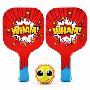 Hello Friends Basix Paddle Ball Set includes 2 EVA paddles and 2 soft balls with UV printed designs. The set comes in PVC packaging for convenient storage and carrying.