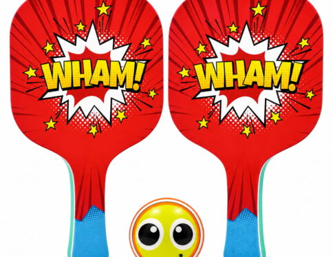 Hello Friends Basix Paddle Ball Set includes 2 EVA paddles and 2 soft balls with UV printed designs. The set comes in PVC packaging for convenient storage and carrying.