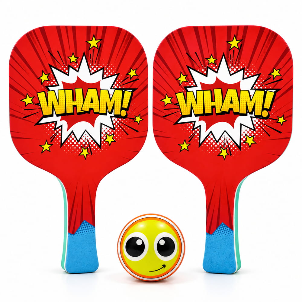 Hello Friends Basix Paddle Ball Set includes 2 EVA paddles and 2 soft balls with UV printed designs. The set comes in PVC packaging for convenient storage and carrying.