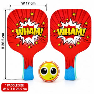 Hello Friends Basix Paddle Ball Set includes 2 EVA paddles and 2 soft balls with UV printed designs. The set comes in PVC packaging for convenient storage and carrying.
