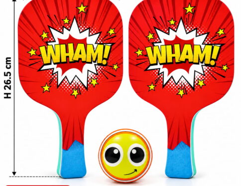 Hello Friends Basix Paddle Ball Set includes 2 EVA paddles and 2 soft balls with UV printed designs. The set comes in PVC packaging for convenient storage and carrying.