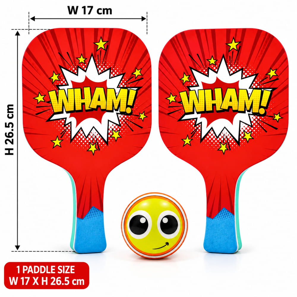 Hello Friends Basix Paddle Ball Set includes 2 EVA paddles and 2 soft balls with UV printed designs. The set comes in PVC packaging for convenient storage and carrying.