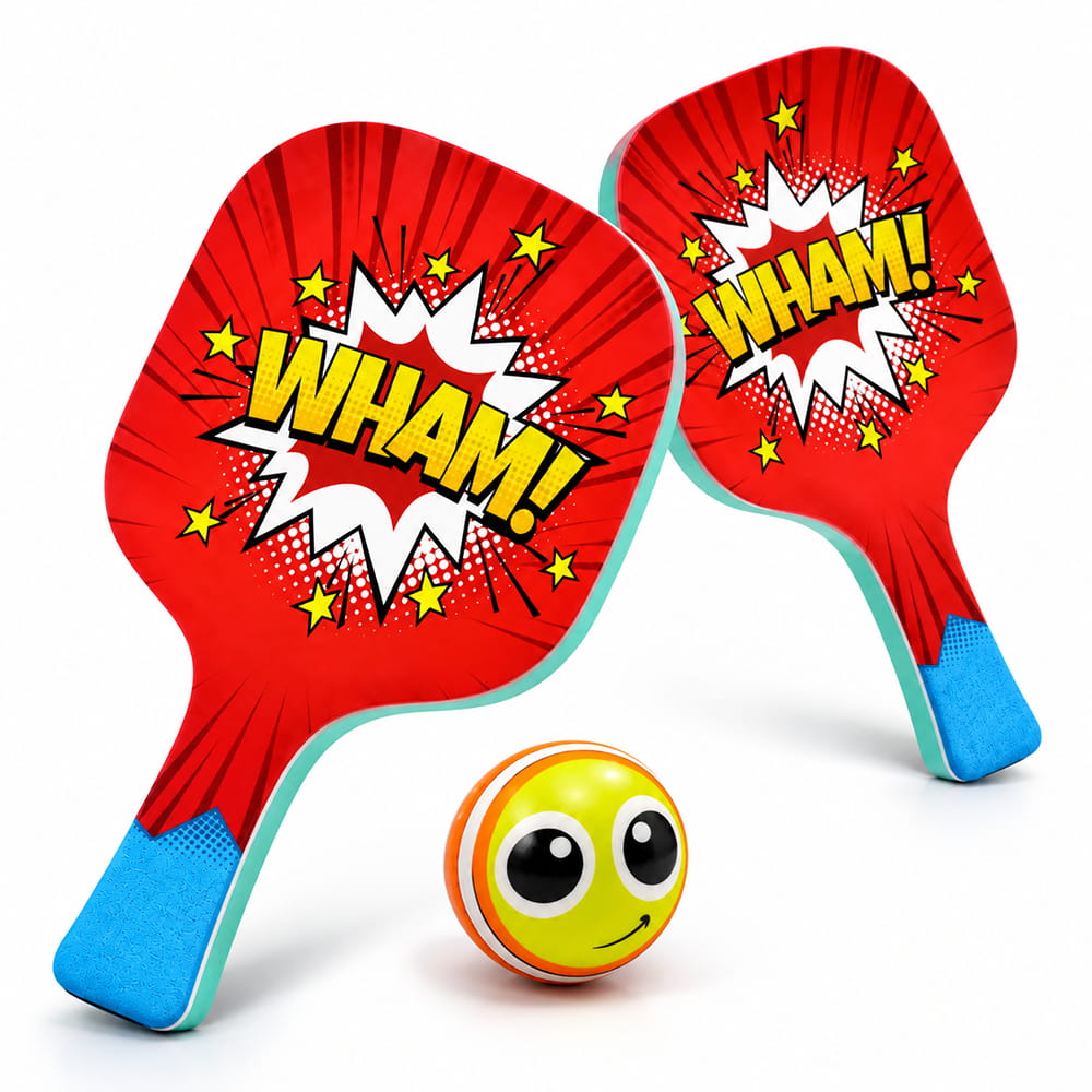Hello Friends Basix Paddle Ball Set includes 2 EVA paddles and 2 soft balls with UV printed designs. The set comes in PVC packaging for convenient storage and carrying.