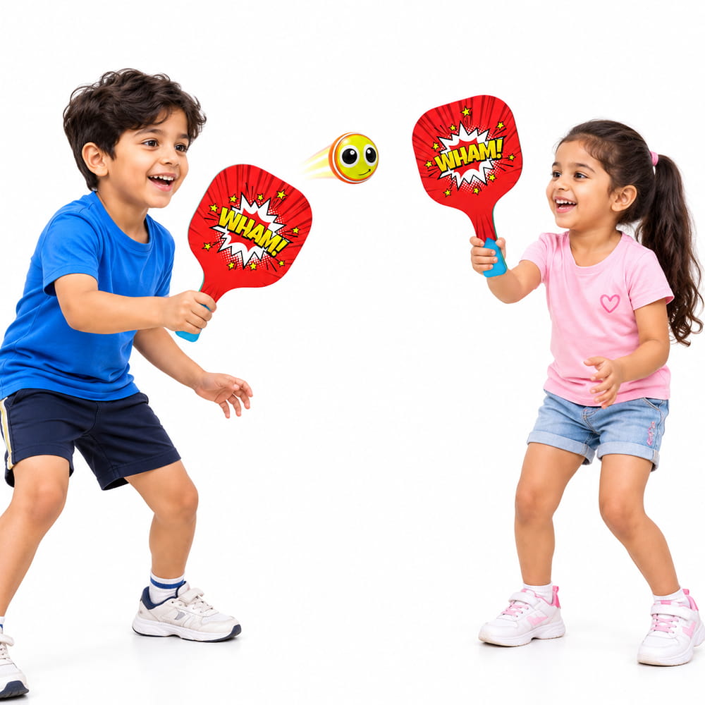 Hello Friends Basix Paddle Ball Set includes 2 EVA paddles and 2 soft balls with UV printed designs. The set comes in PVC packaging for convenient storage and carrying.