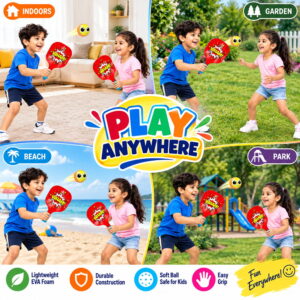 Hello Friends Basix Paddle Ball Set includes 2 EVA paddles and 2 soft balls with UV printed designs. The set comes in PVC packaging for convenient storage and carrying.