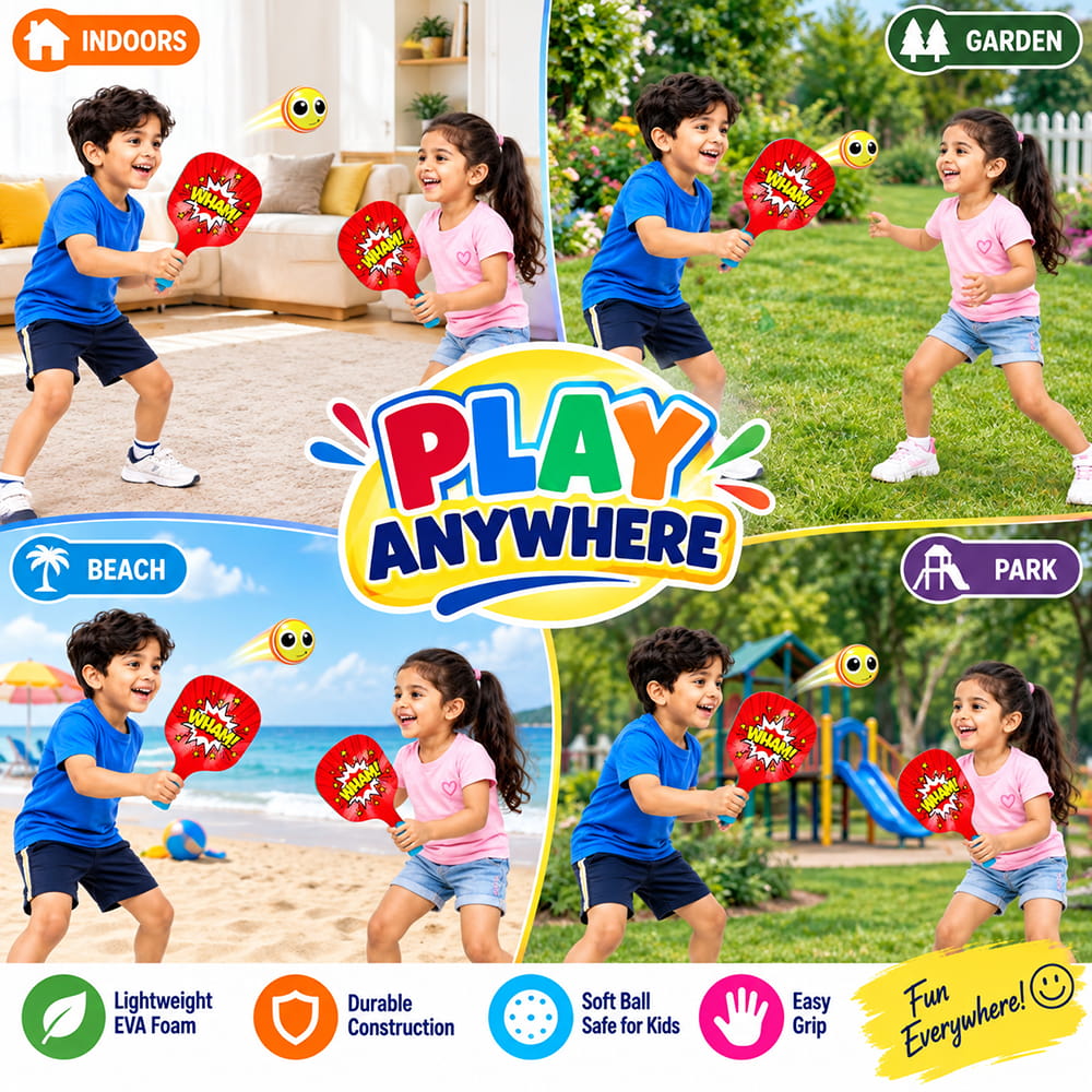 Hello Friends Basix Paddle Ball Set includes 2 EVA paddles and 2 soft balls with UV printed designs. The set comes in PVC packaging for convenient storage and carrying.
