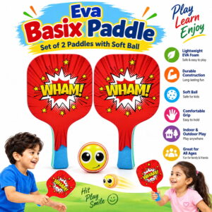 Hello Friends Basix Paddle Ball Set includes 2 EVA paddles and 2 soft balls with UV printed designs. The set comes in PVC packaging for convenient storage and carrying.