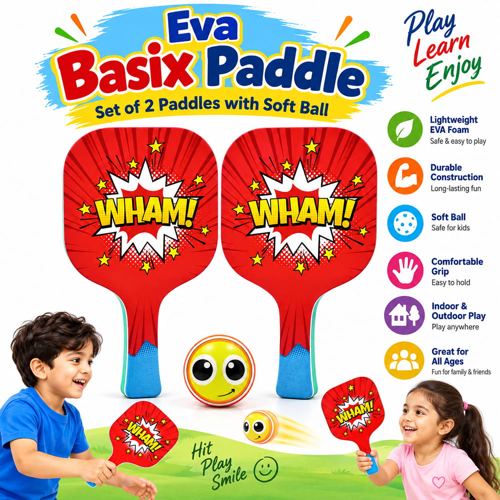 Hello Friends Basix Paddle Ball Set includes 2 EVA paddles and 2 soft balls with UV printed designs. The set comes in PVC packaging for convenient storage and carrying.