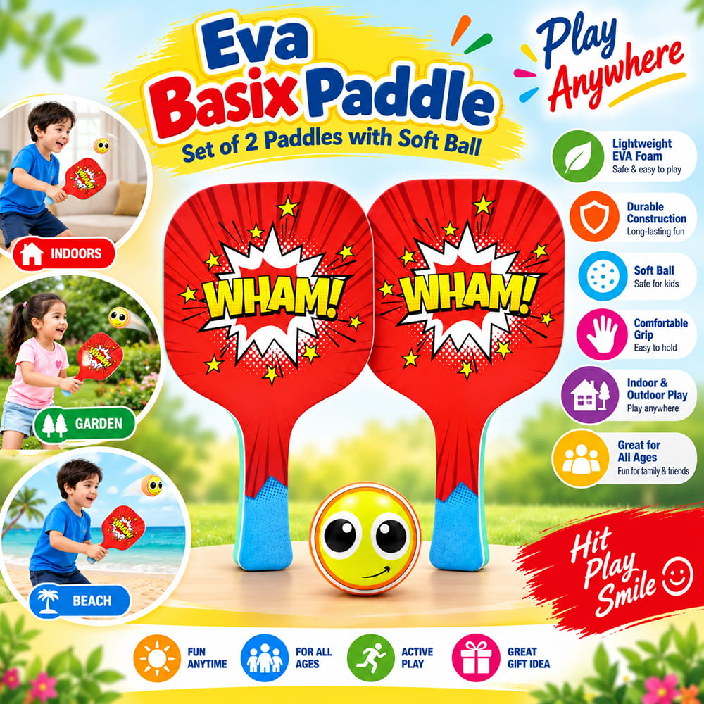 Hello Friends Basix Paddle Ball Set includes 2 EVA paddles and 2 soft balls with UV printed designs. The set comes in PVC packaging for convenient storage and carrying.